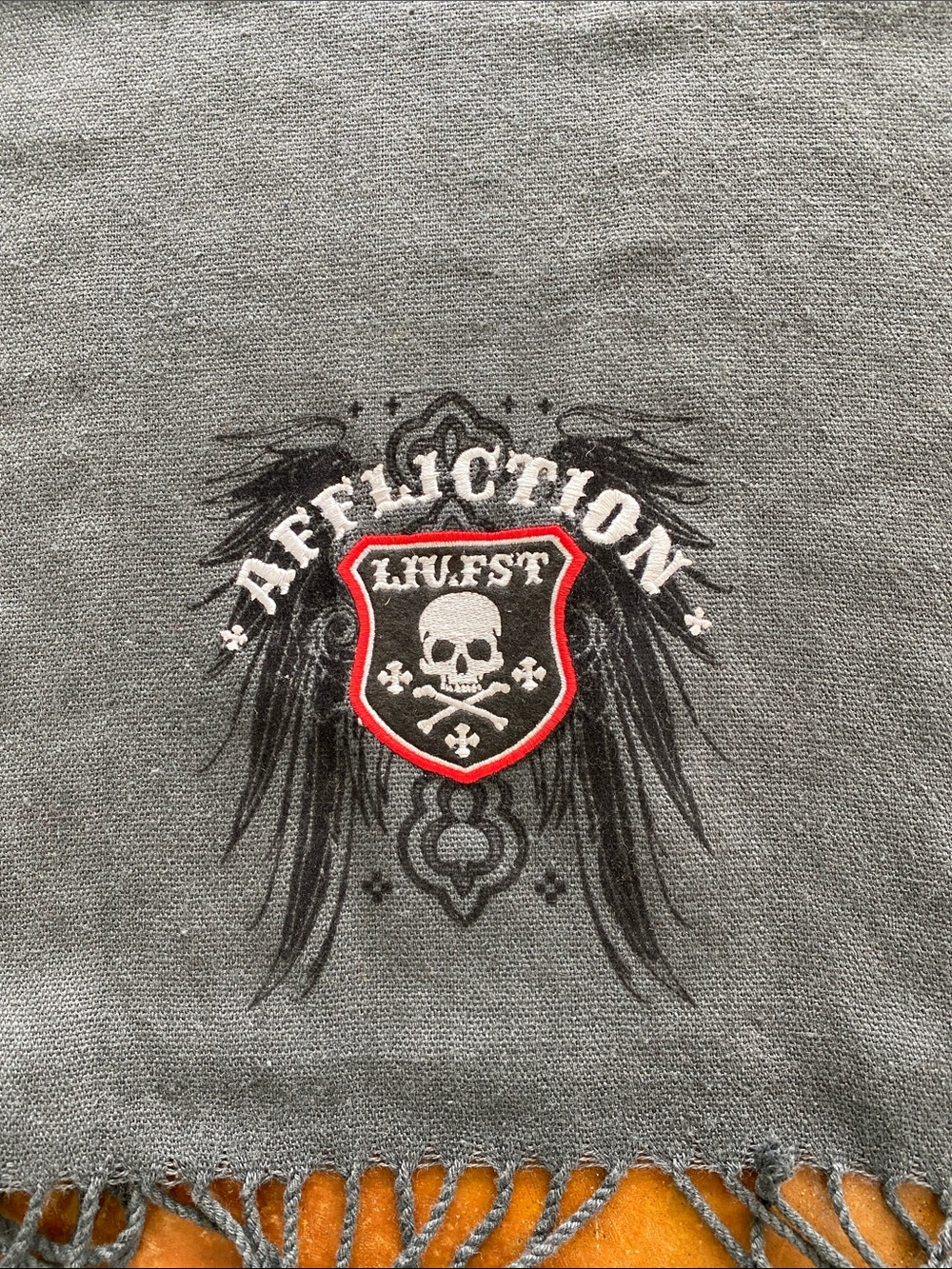 Affliction Gray Scarf with Skull Crest
